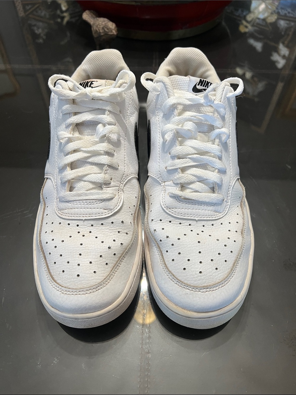 Nike mens size 12 courts White Leather Low-Top Sneakers with Black Accents used